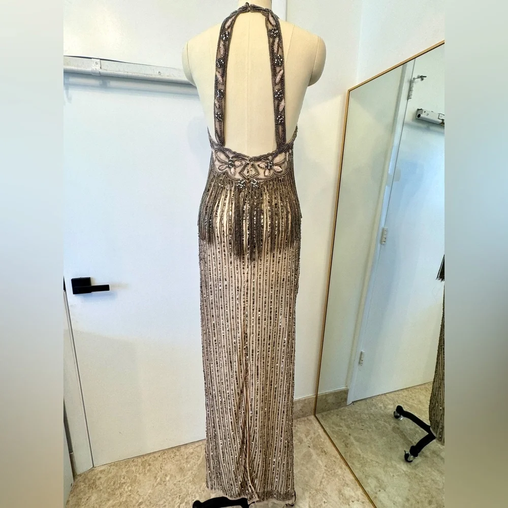 Heavily Beaded Halter Gown – Open Back Sheer Fringe Maxi Dress Glam Formal - Picture 8 of 12